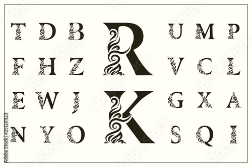 Set of Stylish Capital Letters. Vintage Logos. Filigree Monograms. Beautiful Collection. English Alphabet. Simple Drawn Emblems. Graceful Style. Design of Calligraphic Insignia. Vector Illustration
