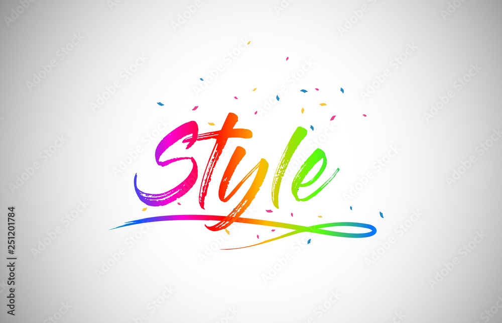 Style  Creative Vetor Word Text with Handwritten Rainbow Vibrant Colors and Confetti.