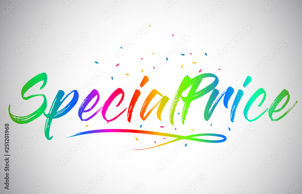 Specialprice Creative Vetor Word Text with Handwritten Rainbow Vibrant Colors and Confetti.