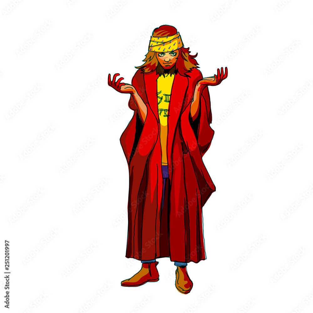 hippy, magician, bandanna, raised hands, red robe