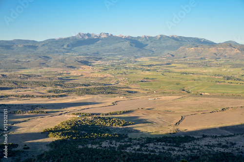 Mancos Valley and Southern Rocky Mountains sunset view from overlook in Mesa Verde National Park (Montezuma county, Colorado) photo