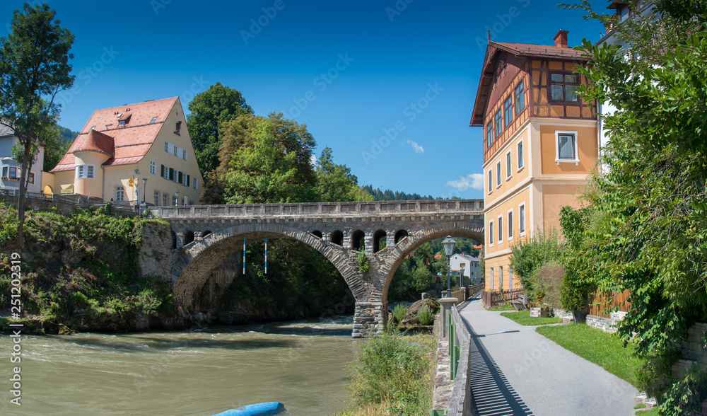 Riverside scenery in Murau. Murau is a historic town in Upper Styria in the valley of the Mur in Austria.