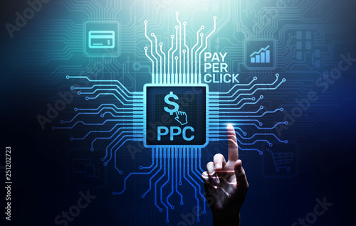 PPC Pay per click payment technology digital marketing internet business concept on virtual screen. photo
