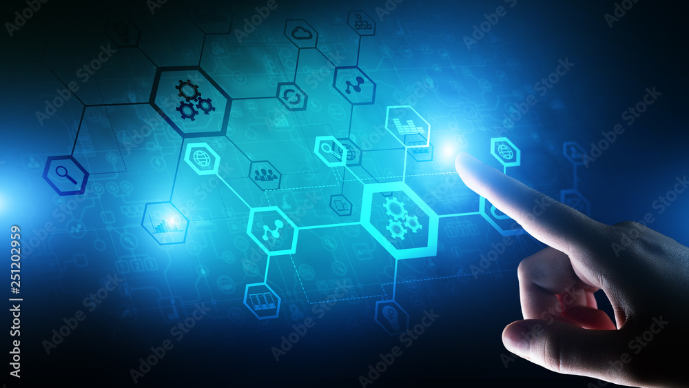 Automation system structure on virtual screen. Smart manufacturing technology and internet of things concept. Automation system structure on virtual screen. Smart manufacturing technology and internet of things concept.