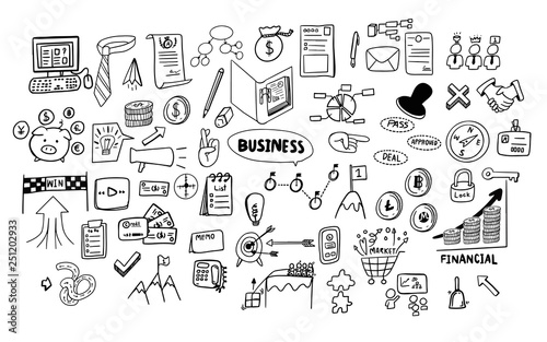 cute hand drawing doodle art of business and financial theme icons isolated on white background set collection