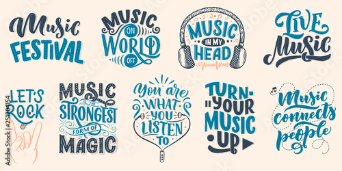 Set with inspirational quotes about music. Hand drawn vintage illustration with lettering. Phrases for print on t-shirts and bags, stationary or as a poster.