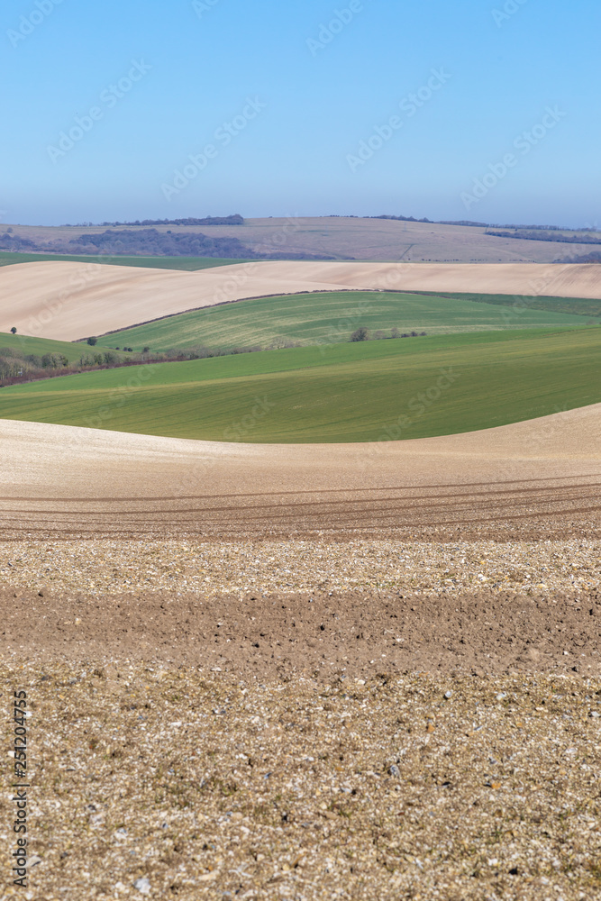 An idyllic patchwork landscape in Sussex on a sunny February day