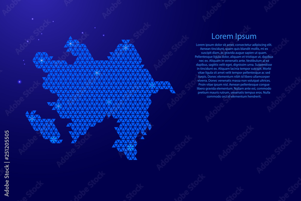 Azerbaijan map abstract schematic from blue triangles repeating pattern geometric background with nodes and space stars for banner, poster, greeting card. Vector illustration.