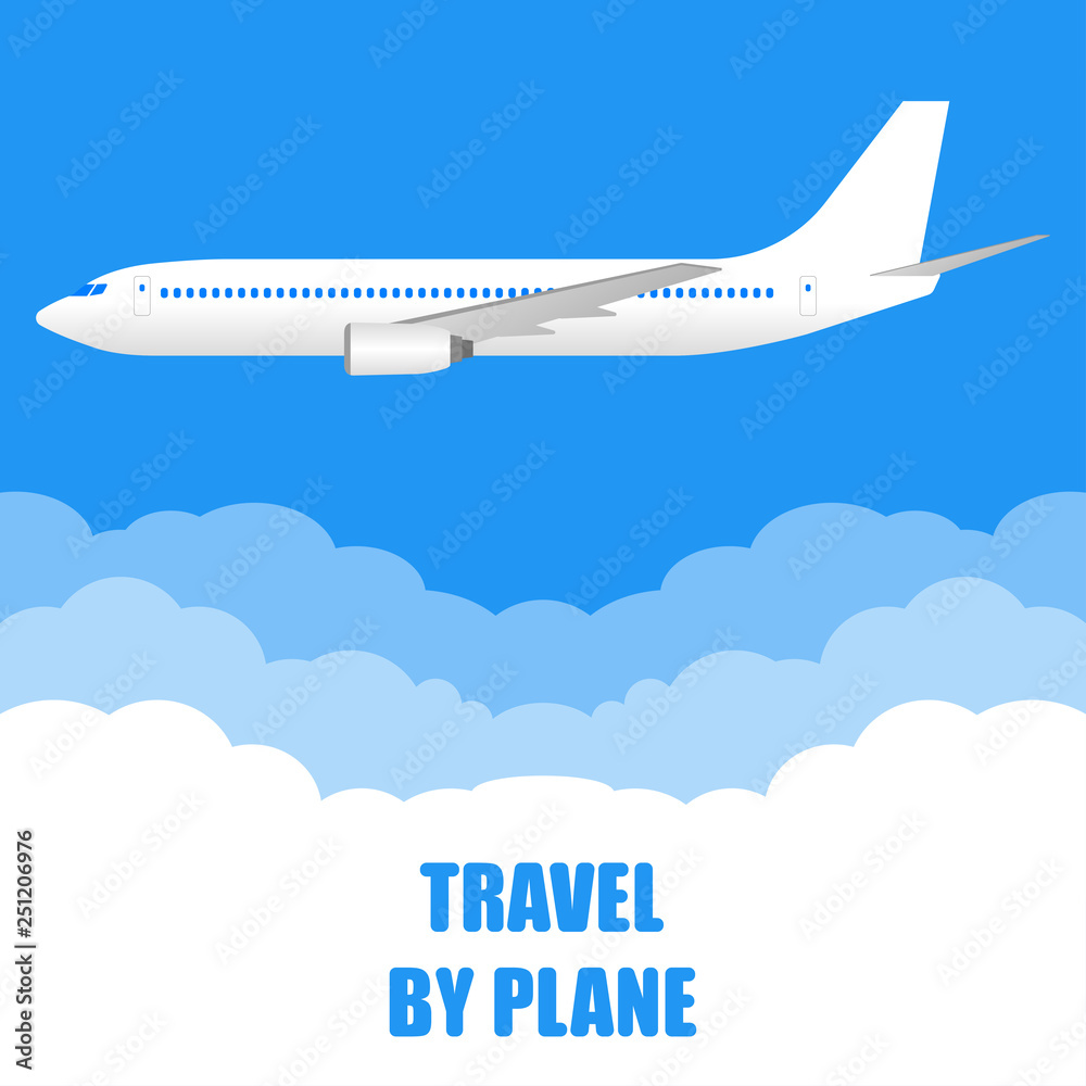 Travel by plane banner. White Airplane in the blue sky with clouds. Aircraft flight concept. Vector illustration.