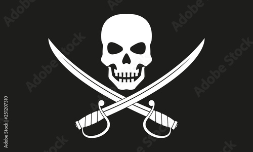 Pirate flag. Jolly Roger with crossed swords.  The skull and two sabers or scimitar swords. Vector illustration.