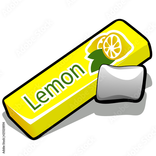 Chewing gum with lemon flavor isolated on white background. Cleaning the teeth after eating. Vector cartoon close-up illustration.