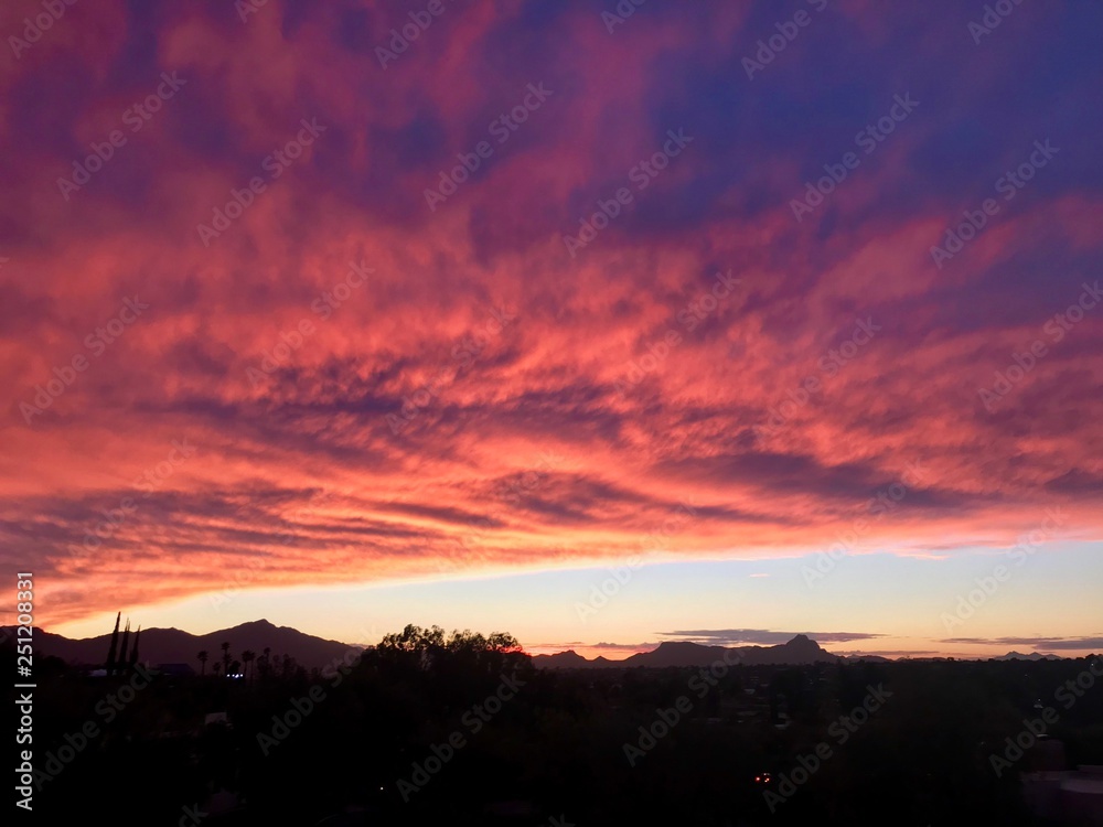Sunset Over Tucson Mountains Arizona Sky Clouds Red Blue Purple Colorful View Sunset Over Tucson Mountains Arizona Sky Clouds Red Blue Purple Colorful View