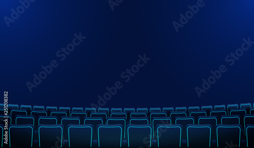 Realistic rows of blue chairs cinema or movie theater seats in the darkness. Cinema auditorium and movie theater empty scene design. Vector flat style cartoon illustration. Movie cinema premiere poste