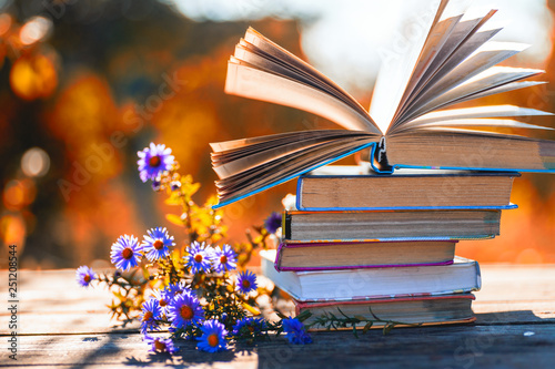 Open book on wooden table on natural background. Soft focus