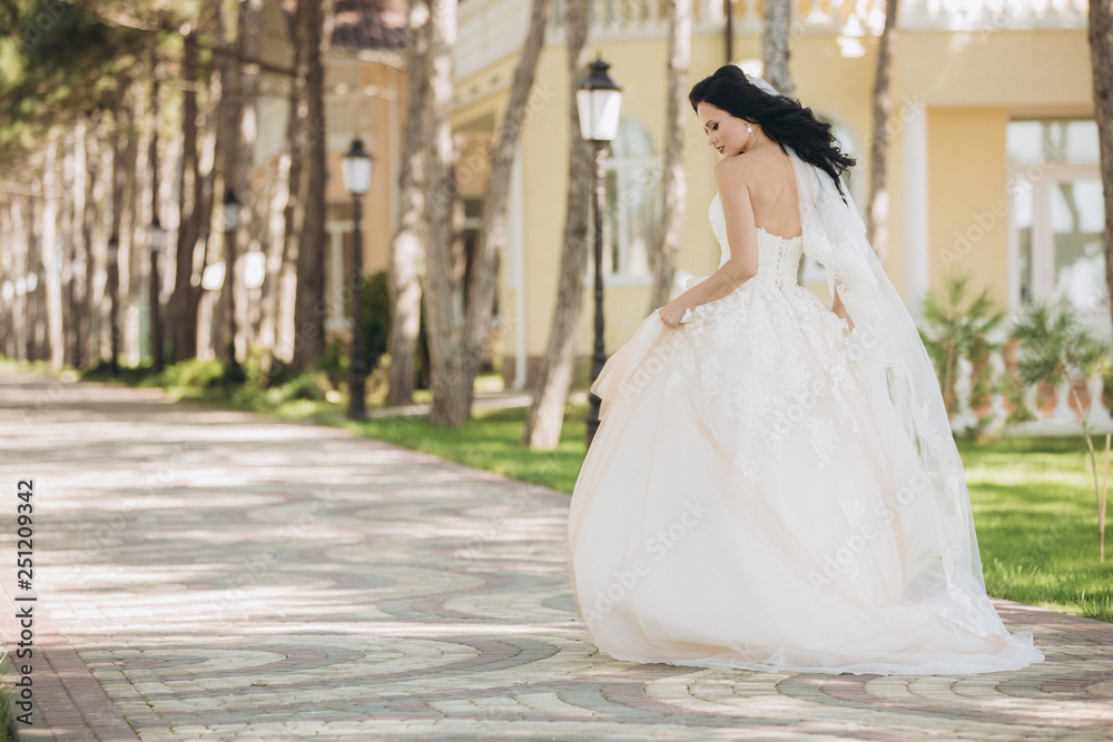 Beautiful bride in a white wedding dress on outdoors.