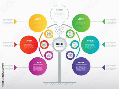 Business presentation or infographics concept with 6 or 7 points. Web Template of tree, info chart or diagram. Vector info graphic of technology or education process with 6 or 7 steps.