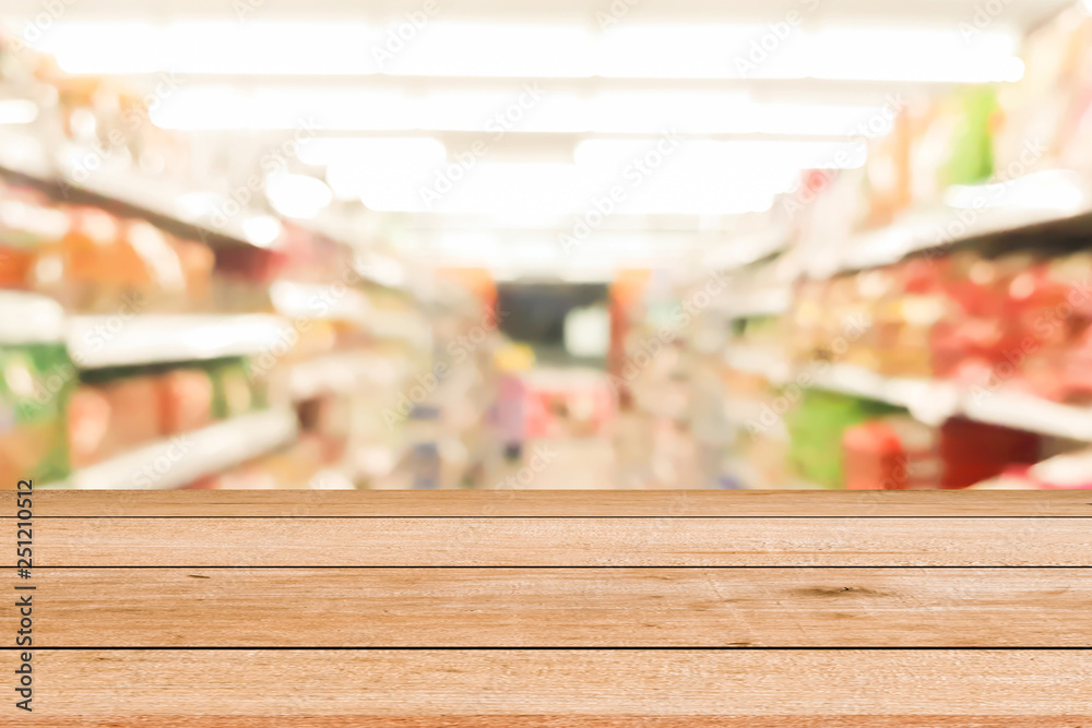abstract blurred supermarket shelf with brown color wood panel plank perspective.show advertise on display backdrop concept.