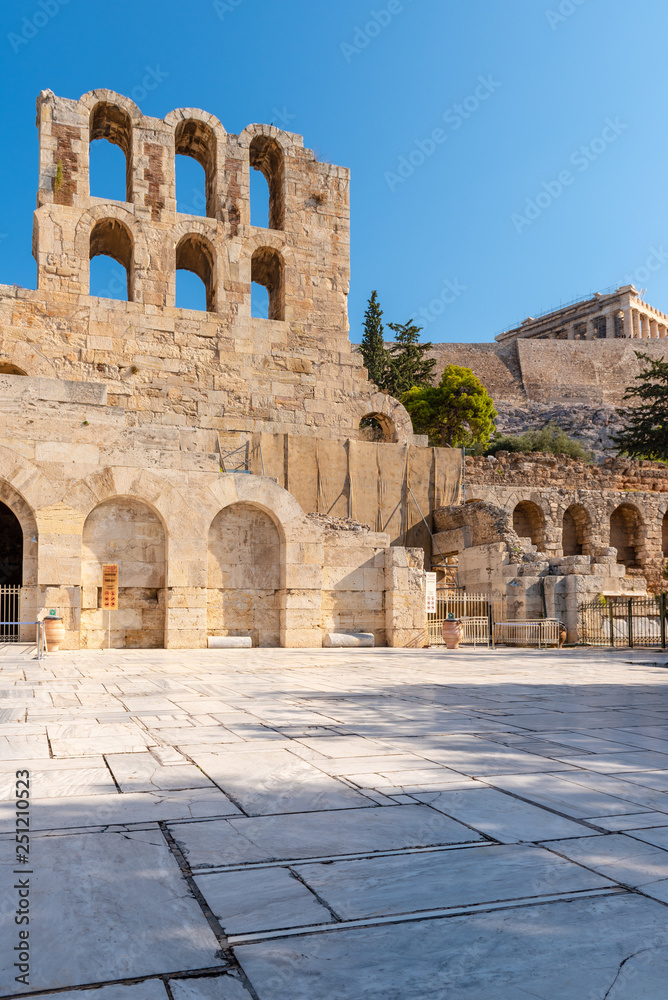 Facade of Odeon of Herodes Atticus in Athens near the Acropolis.