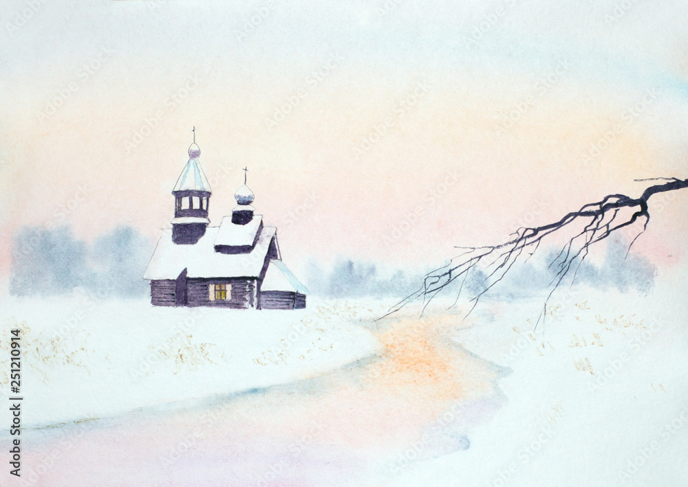winter landscape with a wooden church