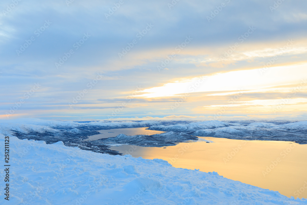 Lake Kilpisjärvi, Finnland at sunrise in winter wonderland, view from Mountain Saana Lake Kilpisjärvi, Finnland at sunrise in winter wonderland, view from Mountain Saana