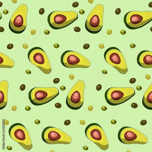 vector seamless pattern avocados and olives on green background for print, wallpaper, backdrops