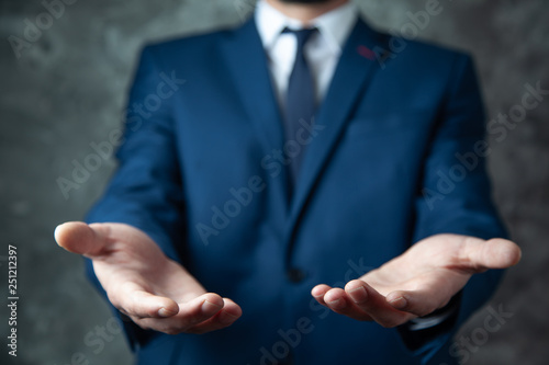 business man hand empty palm in screen