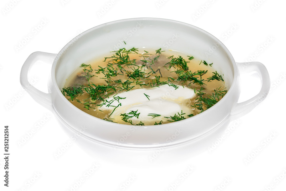 soup dish food from the restaurant. isolated background. view from above . side view soup dish food from the restaurant. isolated background. view from above . side view