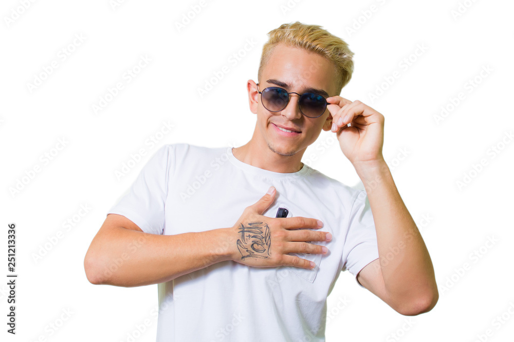 Happy handsome man in black glasses isolated on white background with copy space Happy handsome man in black glasses isolated on white background with copy space