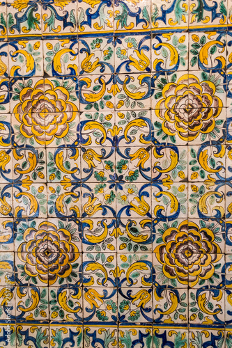 Decorative tiles  or azulejos  in a wall in the Iberian peninsula