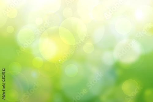 Abstract bright spring or summer landscape texture with natural green bokeh lights and yellow circular lights. Autumn or summer background with copy space.
