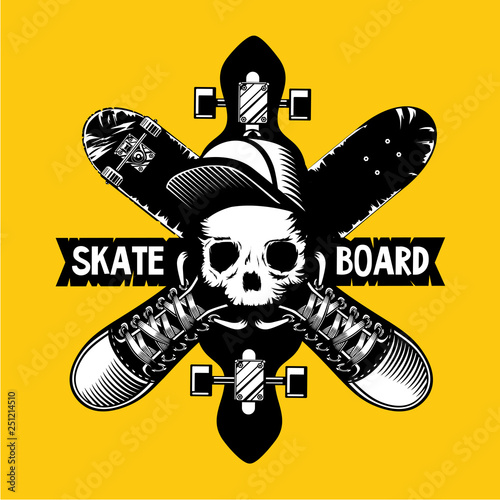 Skateboard vector emblem with skull and boards. Tattoo style vector illustrat...