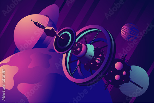 Fototapeta Naklejka Na Ścianę i Meble -  Orbital station with space background. Futuristic spaceship design concept. Cosmos vector illustration.