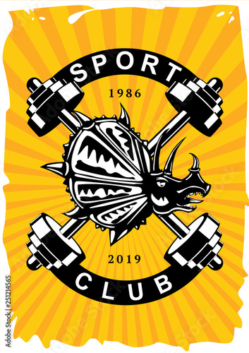 Sport club vintage poster with dumbell. Retro gym emblem with dynosaur. Vector style t-shirt print.