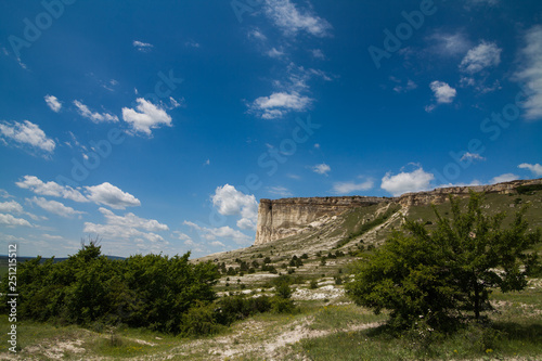 plateau with a vertical cliff over the steppe with bushes