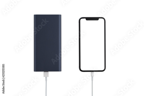 Power bank and smartphone on white background. The smartphone is charging from the power bank.