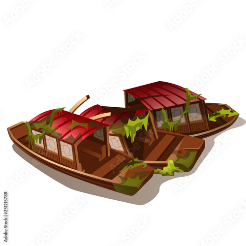The wreckage of destroyed boats overgrown with ooze isolated on white background. Vector cartoon close-up illustration.