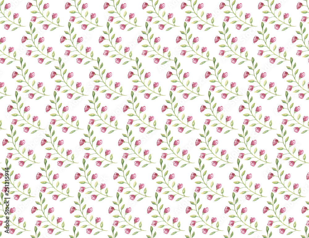 Seamless pattern small pink flowers and leaf on white background	