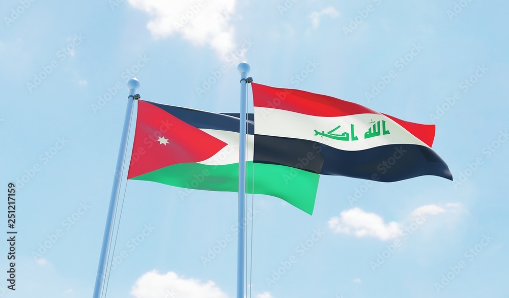 Iraq and Jordan, two flags waving against blue sky. 3d image