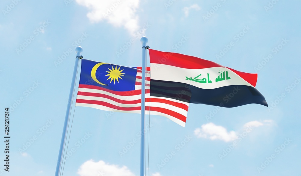 Iraq and Malaysia, two flags waving against blue sky. 3d image