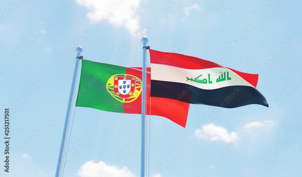 Iraq and Portugal, two flags waving against blue sky. 3d image Iraq and Portugal, two flags waving against blue sky. 3d image