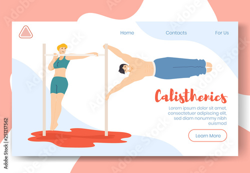 Modern cartoon flat characters doing sport activity,landing page banner web online concept of healthy lifestyle,ready to use design.Flat cartoon people smiling doing calisthenics on beach, exercising