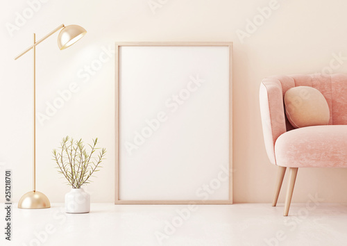 Fototapeta Naklejka Na Ścianę i Meble -  Poster mock up with vertical frame standing on floor in living room interior with pastel coral pink sofa, lamp and plant in vase on beige wall background. 3D rendering.