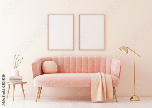 Fototapeta Naklejka Na Ścianę i Meble -  Poster mock up with two vertical frames on beige wall in living room interior with pastel coral pink sofa, lamp and plant in vase. 3D rendering.