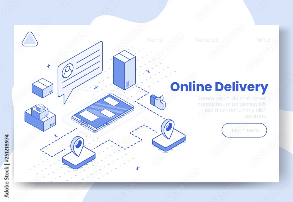 Digital isometric design concept set of online delivery app 3d icons.Isometric business finance symbols-user profile,package boxes,geo tags,thumb up on landing page banner web online concept