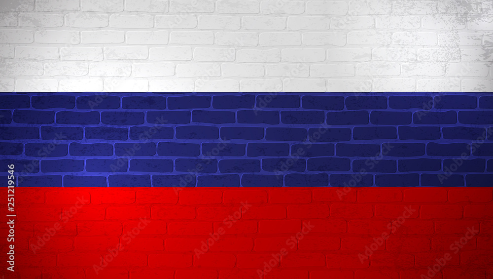 Russian Federation national flag painted on brick wall. Stone wall texture background. Old vintage minimalistic template for wallpaper, poster, banner. Background for design in country flag. Vector EP