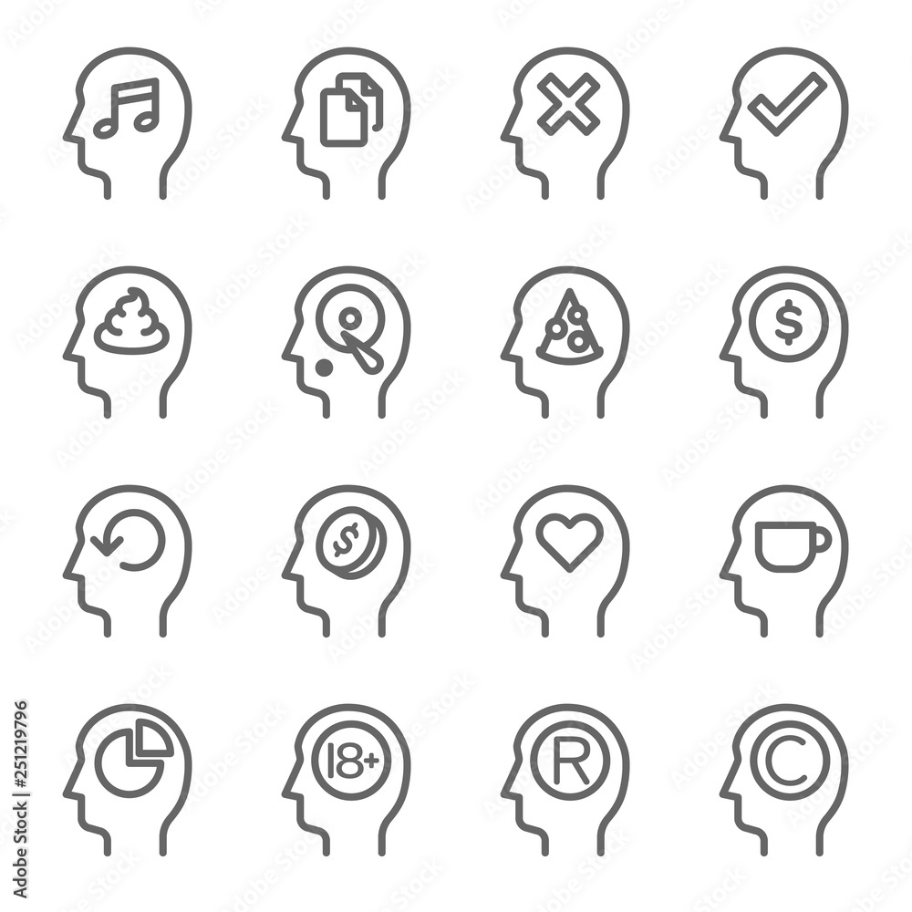 Thinking and Idea process Vector Line Icon Set. Contains such Icons as Music, Refresh, Love, Money and more. Expanded Stroke