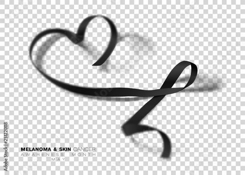 Melanoma and Skin Cancer Awareness Month. Black Color Ribbon Isolated On Transparent Background. Vector Design Template For Poster.