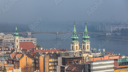 Aerial view of the Danube river in Budapest on foggy day