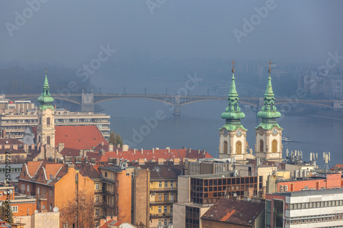 Aerial view of the Danube river in Budapest on foggy day