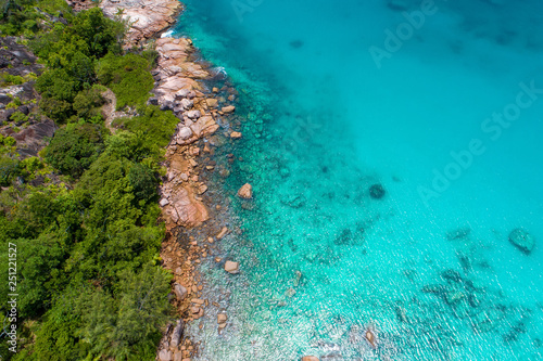 Aerial view of beautiful island at Seychelles in the Indian Ocean. Top view from drone